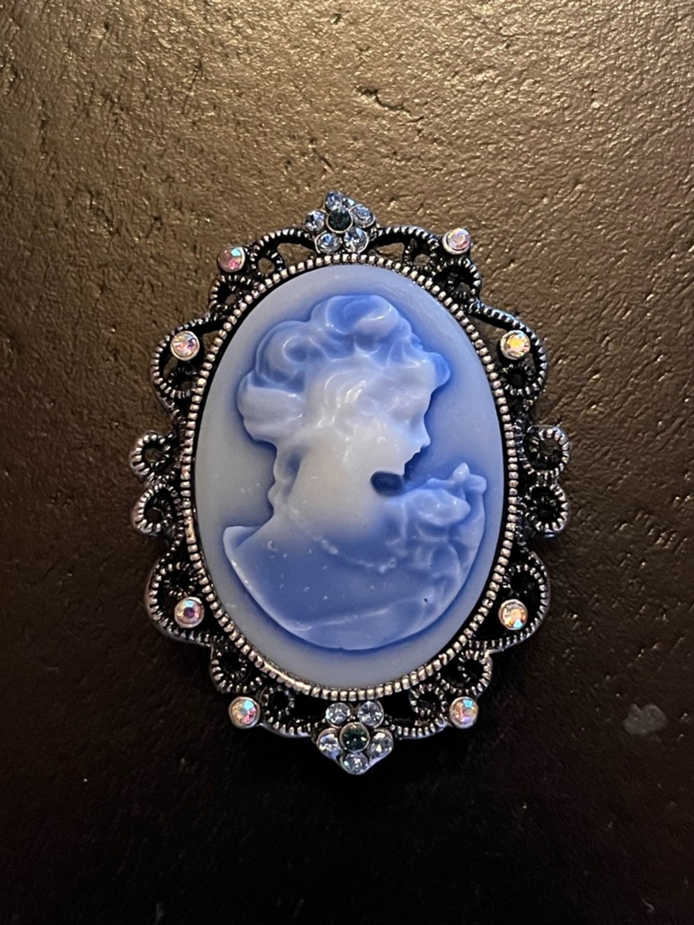 Vintage Style Blue Cameo Portrait Brooch with AB rhinestones